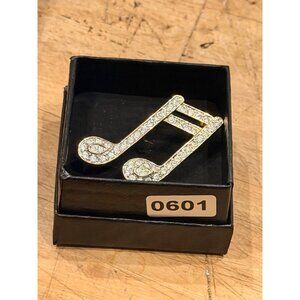 Signed ROMAN Crystal-Encrusted Gold-Tone Musical Note Brooch Pin - Elegant Jewel
